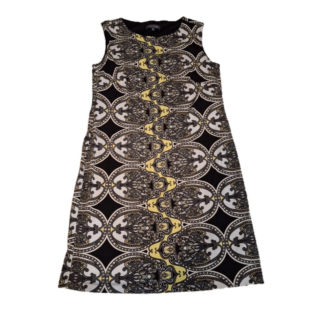 Addition Elle Sz XL Yellow Black Grey White Ornate Baroque Print Bodycon Dress